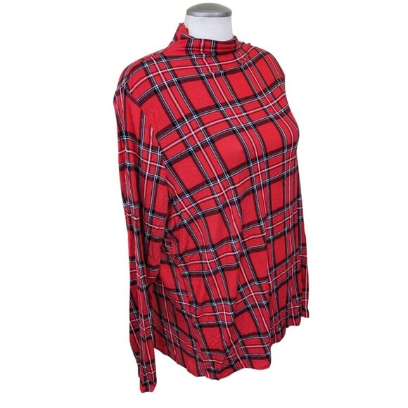 Womens Plus Size XXL Top Red Tartan Plaid Mock Neck Stretch Thin Lightweight - Picture 3 of 5
